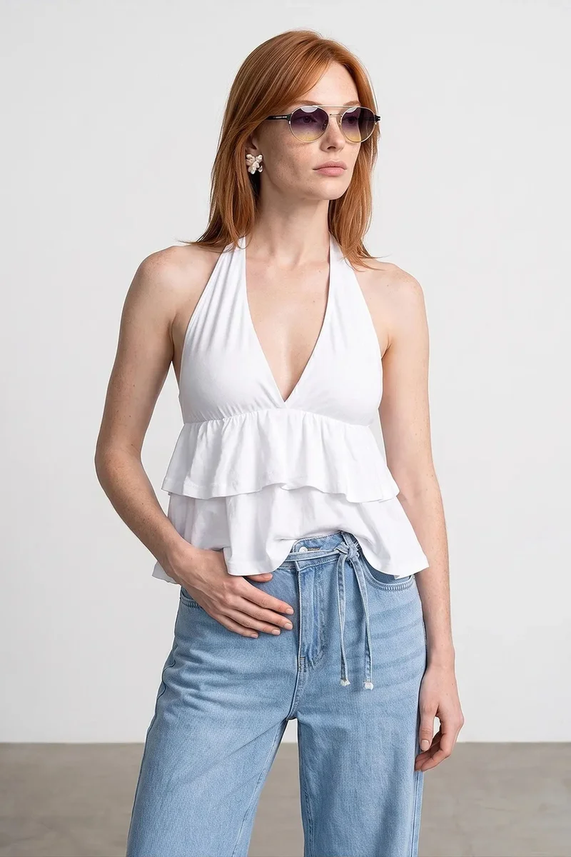DILVIN Halterneck Poplin Blouse With Ruffle Detail