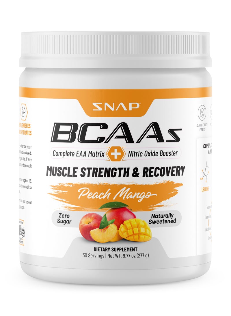 SNAP SUPPLEMENTS - BCAAs Muscle Strength and Recovery -Zero suger Naturally Sweetened Suppors Quick  Recovery,Promotes Strength Replenishes and Hydrates Peach Mango Dietary Suppiement NT WT 9.77 Oz (277g) - Image 1