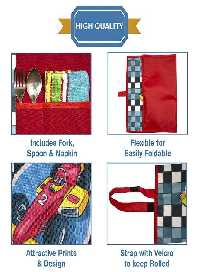 The Rosette Imprint Kids Roll-Up Table Mat Placemat with Spoon, Fork & Napkin | Waterproof, Reusable Food Mat | Table Mat for Kids for School Lunch, Tiffin Time, Travel | Vibrant Racing Car Design - Image 3