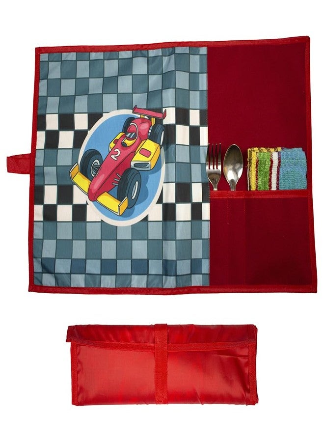 The Rosette Imprint Kids Roll-Up Table Mat Placemat with Spoon, Fork & Napkin | Waterproof, Reusable Food Mat | Table Mat for Kids for School Lunch, Tiffin Time, Travel | Vibrant Racing Car Design - Image 1