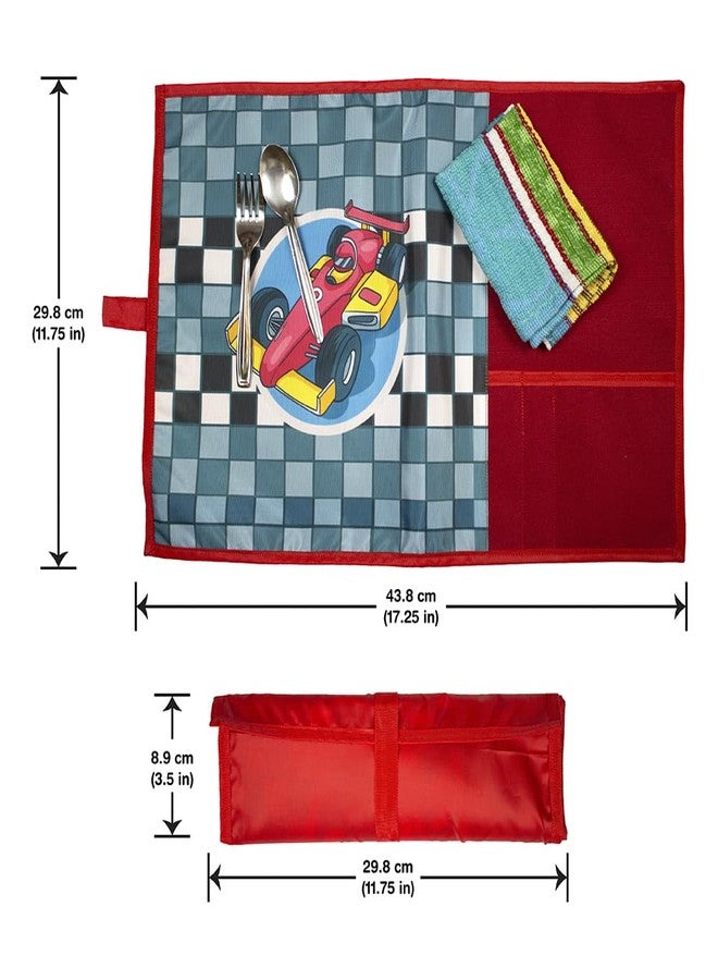 The Rosette Imprint Kids Roll-Up Table Mat Placemat with Spoon, Fork & Napkin | Waterproof, Reusable Food Mat | Table Mat for Kids for School Lunch, Tiffin Time, Travel | Vibrant Racing Car Design - Image 2