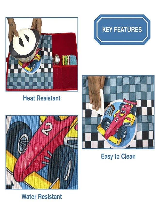 The Rosette Imprint Kids Roll-Up Table Mat Placemat with Spoon, Fork & Napkin | Waterproof, Reusable Food Mat | Table Mat for Kids for School Lunch, Tiffin Time, Travel | Vibrant Racing Car Design - Image 4