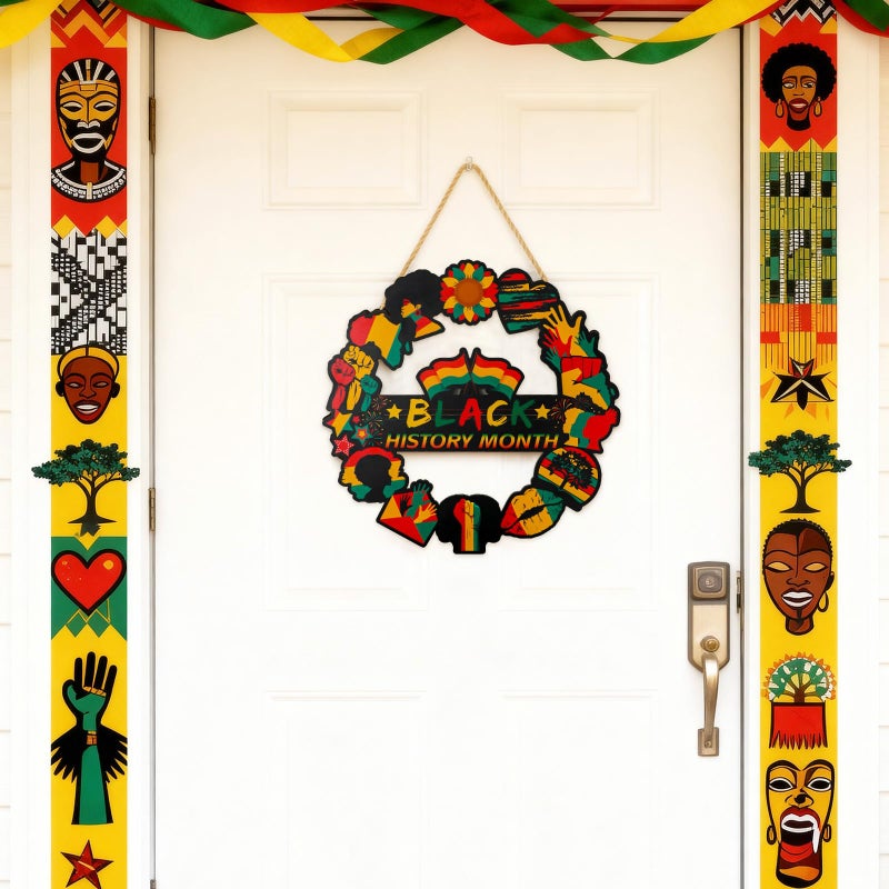 YGEINIT Black History Month Door Decorations - Wooden History Month Door Wreath African American Hanging Sign Hollow Front Door Decor Black History Month Wall Art for Home Office Classroom Party - Image 3