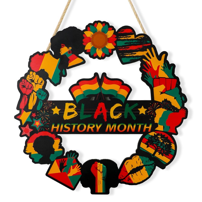 YGEINIT Black History Month Door Decorations - Wooden History Month Door Wreath African American Hanging Sign Hollow Front Door Decor Black History Month Wall Art for Home Office Classroom Party - Image 1