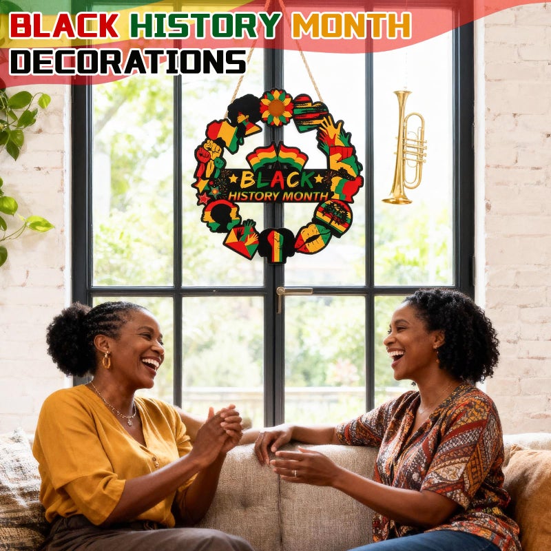 YGEINIT Black History Month Door Decorations - Wooden History Month Door Wreath African American Hanging Sign Hollow Front Door Decor Black History Month Wall Art for Home Office Classroom Party - Image 5