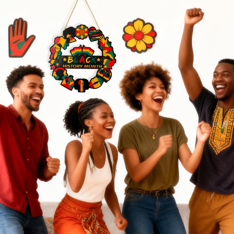 YGEINIT Black History Month Door Decorations - Wooden History Month Door Wreath African American Hanging Sign Hollow Front Door Decor Black History Month Wall Art for Home Office Classroom Party - Image 4