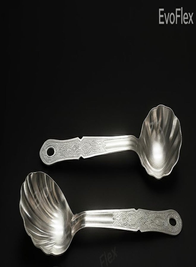 EvoFlex Decorative Serving Spoons Set, Shell-Shaped Bowl, Embossed Handle Flower Design, Stainless Steel, Set of 4 Heavy Gauge Non-Stick Set of 2 Soup Ladle (Karchi), 2 Solid Spoon- 27L x 7W CM - Image 2