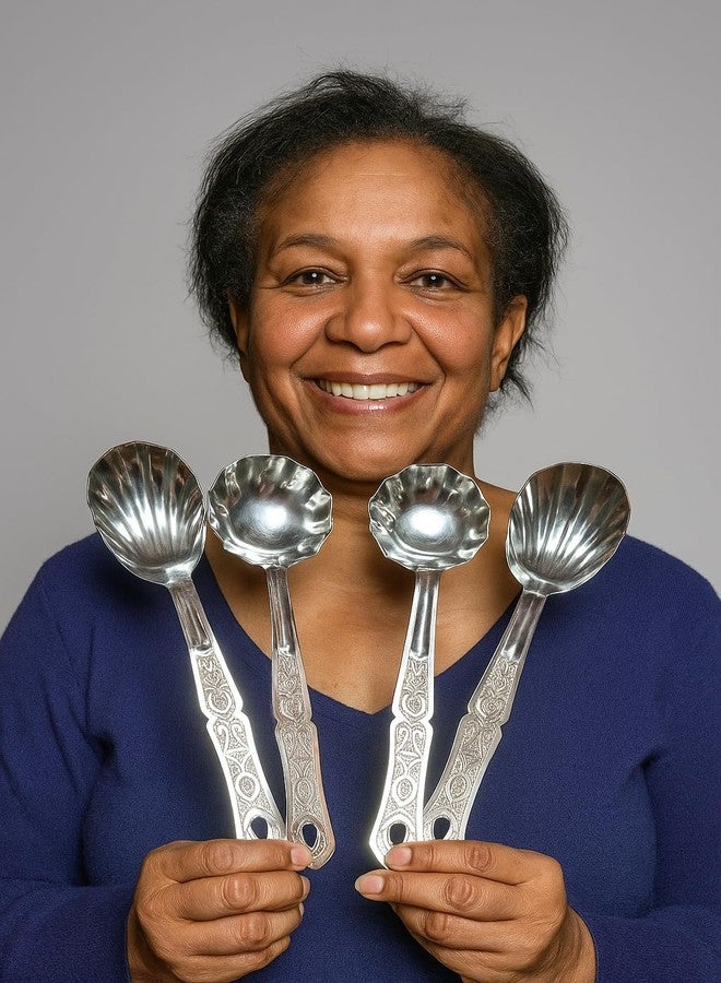 EvoFlex Decorative Serving Spoons Set, Shell-Shaped Bowl, Embossed Handle Flower Design, Stainless Steel, Set of 4 Heavy Gauge Non-Stick Set of 2 Soup Ladle (Karchi), 2 Solid Spoon- 27L x 7W CM - Image 3