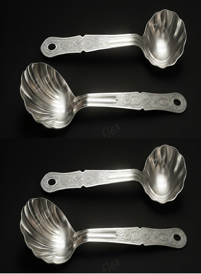 EvoFlex Decorative Serving Spoons Set, Shell-Shaped Bowl, Embossed Handle Flower Design, Stainless Steel, Set of 4 Heavy Gauge Non-Stick Set of 2 Soup Ladle (Karchi), 2 Solid Spoon- 27L x 7W CM - Image 1