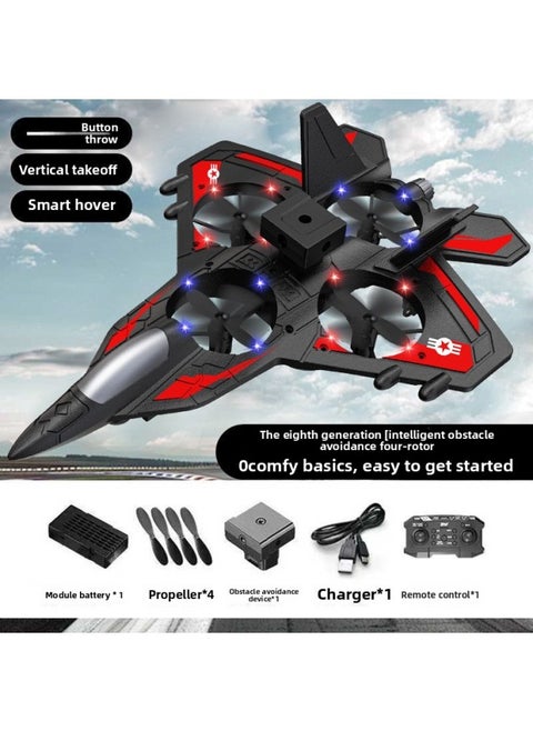 Four-rotor Remote Control Aircraft Obstacle Avoidance Foam Fighter Children Fixed-wing Drone Toy Aircraft With Lights-Color:Zy-906 Red + Obstacle Avoidance + Fixed Height + Lanterns