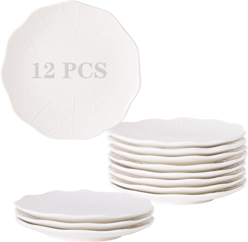 BABALIU 7 Inch Ceramic Dessert Plates Set of 12White Small Appetizer Plates Relief Lotus Leaf Pattern Small Dinner Serving Plates for Snacks Side Dishes Fruit Microwave  Dishwasher Safe  - Image 1