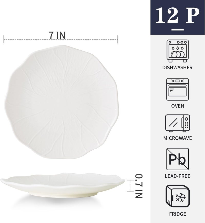 BABALIU 7 Inch Ceramic Dessert Plates Set of 12White Small Appetizer Plates Relief Lotus Leaf Pattern Small Dinner Serving Plates for Snacks Side Dishes Fruit Microwave  Dishwasher Safe  - Image 4