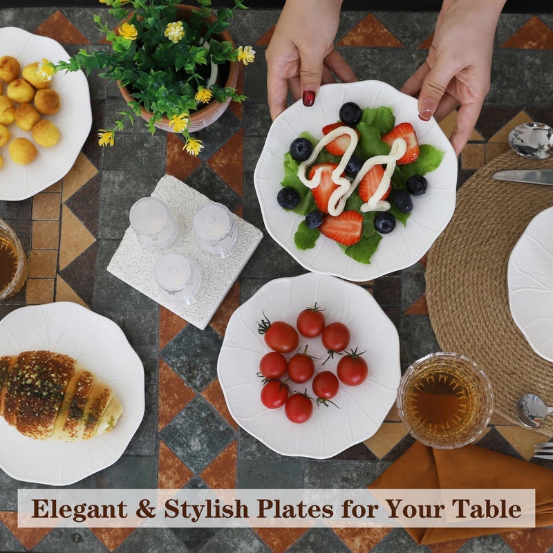 BABALIU 7 Inch Ceramic Dessert Plates Set of 12White Small Appetizer Plates Relief Lotus Leaf Pattern Small Dinner Serving Plates for Snacks Side Dishes Fruit Microwave  Dishwasher Safe  - Image 5