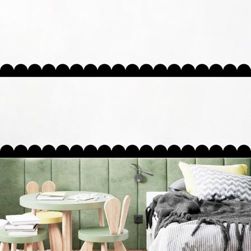 Kazova Black Scallop Wall Sticker Trim Scalloped Border Trim Peel and Stick Vinyl Decals Stickers Semi Circle Wall Sticker Geometric Pattern Modern Black Wall Decal Accents for Bedroom Living Room - Image 1