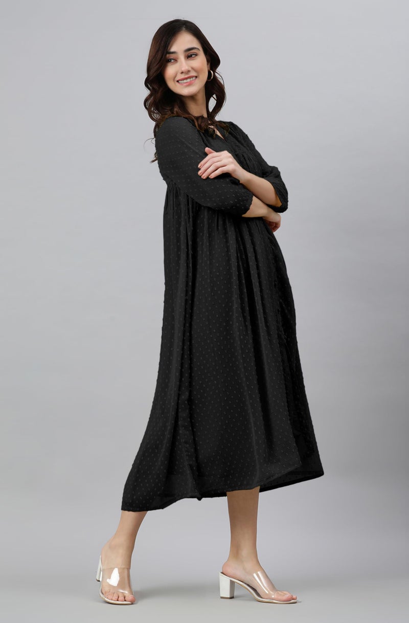 Janasya Women's Black Dobby Chiffon Woven Design Front Slit Flared Dress (JNE4158-KR-XS) - Image 2