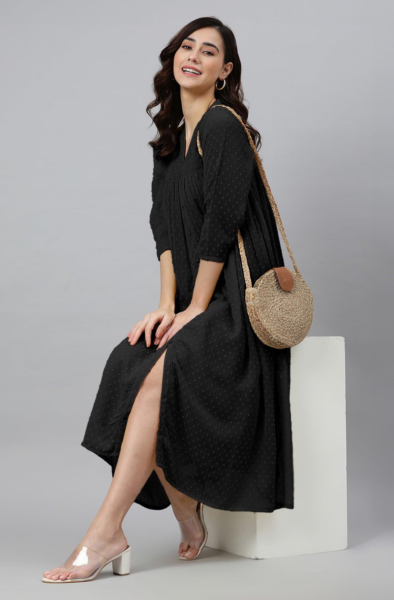 Janasya Women's Black Dobby Chiffon Woven Design Front Slit Flared Dress (JNE4158-KR-XS) - Image 5