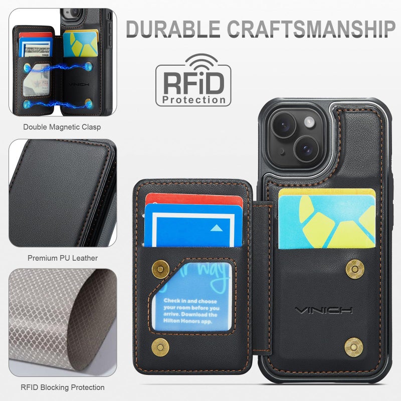 Vinich for iPhone 14 Wallet Case with Card Holder, RFID Blocking Credit Slots Kickstand Shockproof Phone Cover Fit for iPhone 14 6.1" Black - Image 5