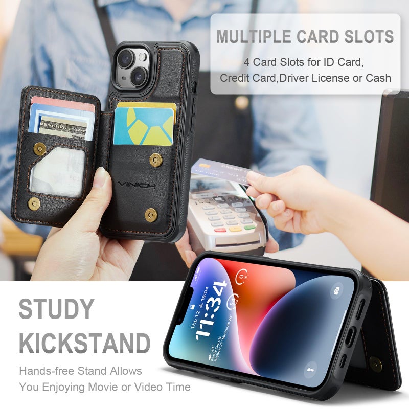 Vinich for iPhone 14 Wallet Case with Card Holder, RFID Blocking Credit Slots Kickstand Shockproof Phone Cover Fit for iPhone 14 6.1" Black - Image 4