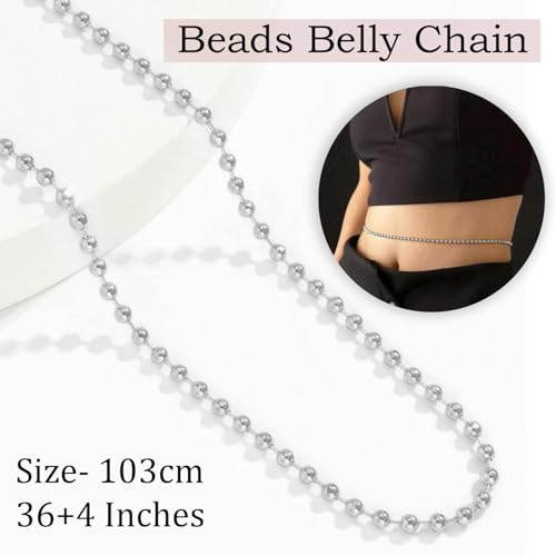 VAMA FASHIONS Adjustable 18K Plated Beaded Anti Tarnish Waist Hip Body Belly Chain Saree Kamarbandh Beach Party Belt For Women & Girls (18k Silver plated belly chain) - Image 3