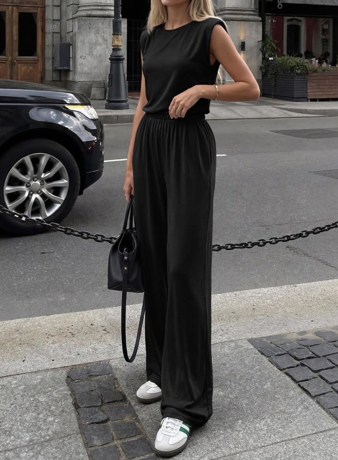 BTFBM 2 Piece Sets for Women Spring 2026 Casual Shoulder Pad Tank Top Wide Leg Pants Matching Set Travel Airport Outfits, Black, M - Image 5