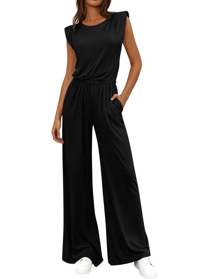 BTFBM 2 Piece Sets for Women Spring 2026 Casual Shoulder Pad Tank Top Wide Leg Pants Matching Set Travel Airport Outfits, Black, M - Image 1