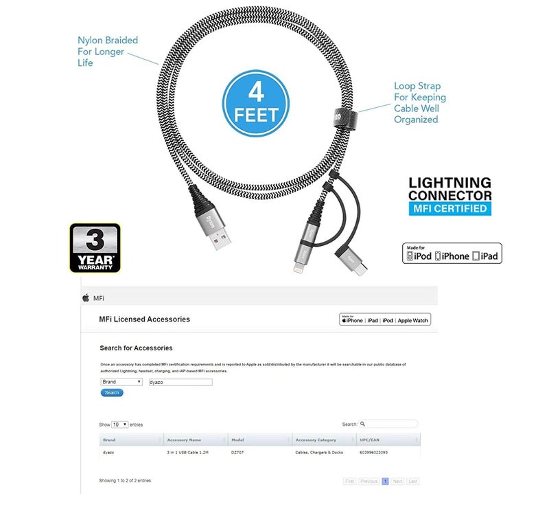 Dyazo 4 ft / 1.2 m 3-in-1 Universal Charger Cable Double Nylon Braided Multi Charging Cable with Flexi Head Technology - Image 2