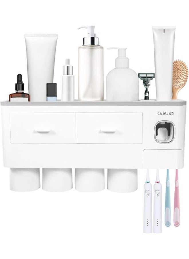 AUVE Toothbrush Holder Wall Mounted Adhesive, Automatic Toothpaste Dispenser Space-Saving Toothbrush Organizer with Dustproof Cover, Cups, and Drawers Cosmetic Organizer - 4 Cups (No Drill Needed) - Image 1