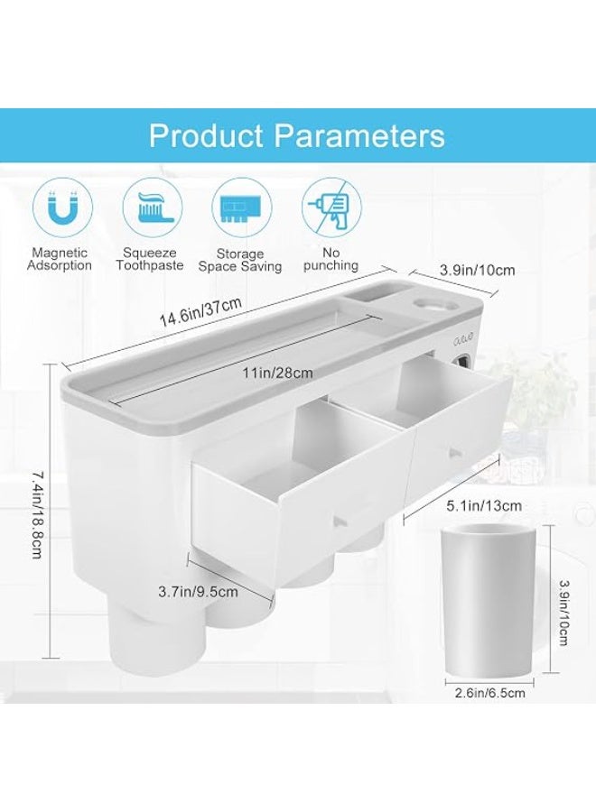 AUVE Toothbrush Holder Wall Mounted Adhesive, Automatic Toothpaste Dispenser Space-Saving Toothbrush Organizer with Dustproof Cover, Cups, and Drawers Cosmetic Organizer - 4 Cups (No Drill Needed) - Image 2
