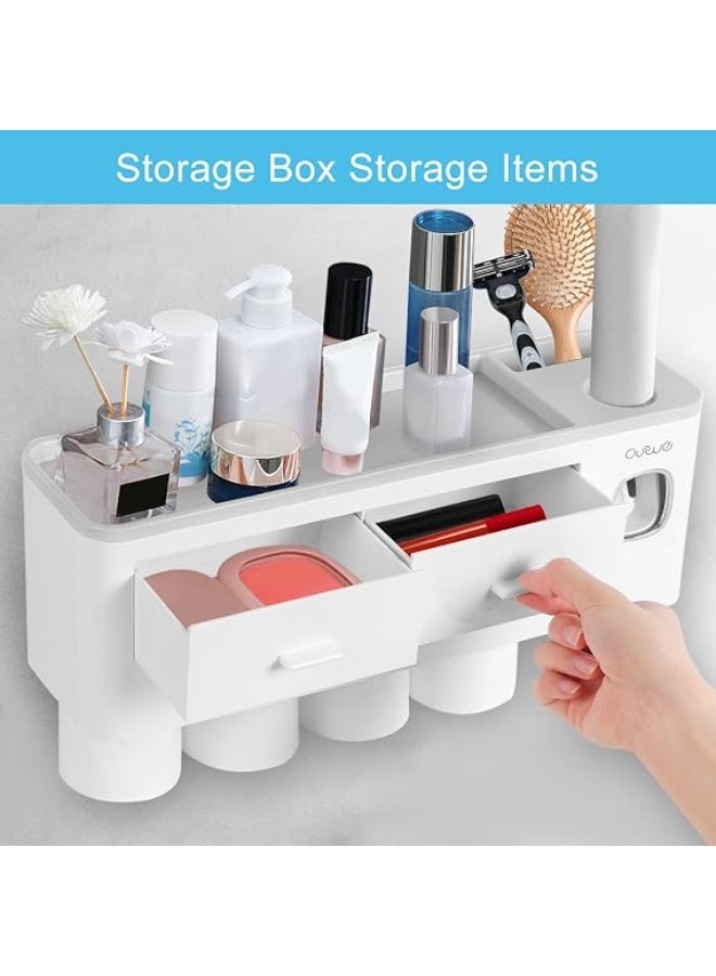 AUVE Toothbrush Holder Wall Mounted Adhesive, Automatic Toothpaste Dispenser Space-Saving Toothbrush Organizer with Dustproof Cover, Cups, and Drawers Cosmetic Organizer - 4 Cups (No Drill Needed) - Image 4