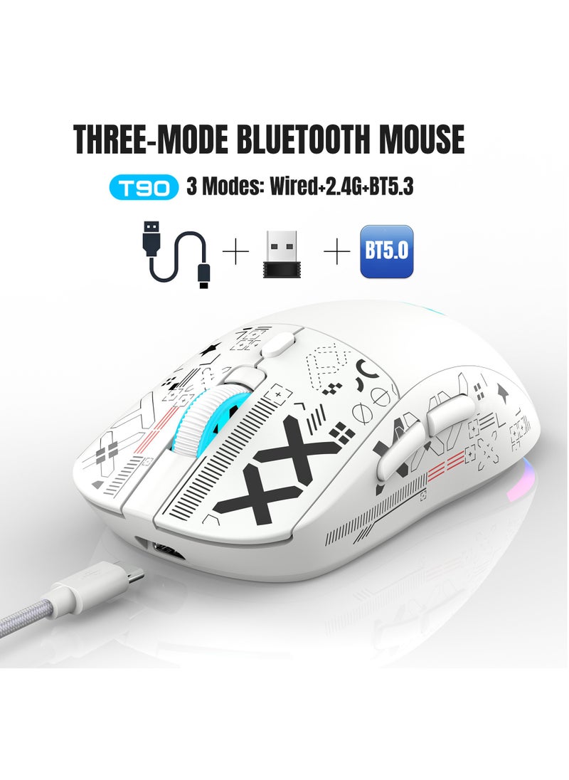 Wired+2.4 G Wireless+BT5.3 Gaming Mouse, 1200/1600/2400/3600 DPI Adjustable Silent Mouse, 6 Keys and RGB Light Software Macro Programming for Gaming Work White