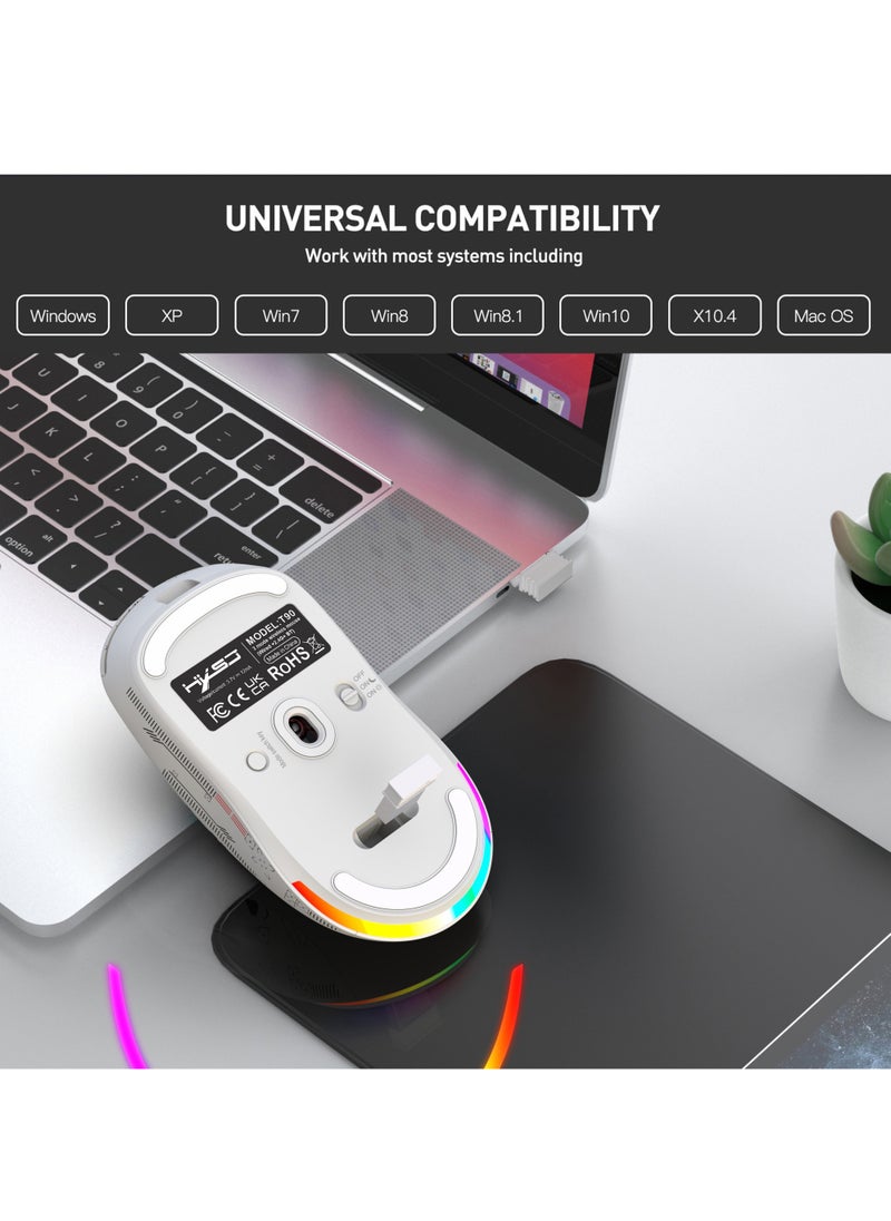 Wired+2.4 G Wireless+BT5.3 Gaming Mouse, 1200/1600/2400/3600 DPI Adjustable Silent Mouse, 6 Keys and RGB Light Software Macro Programming for Gaming Work White