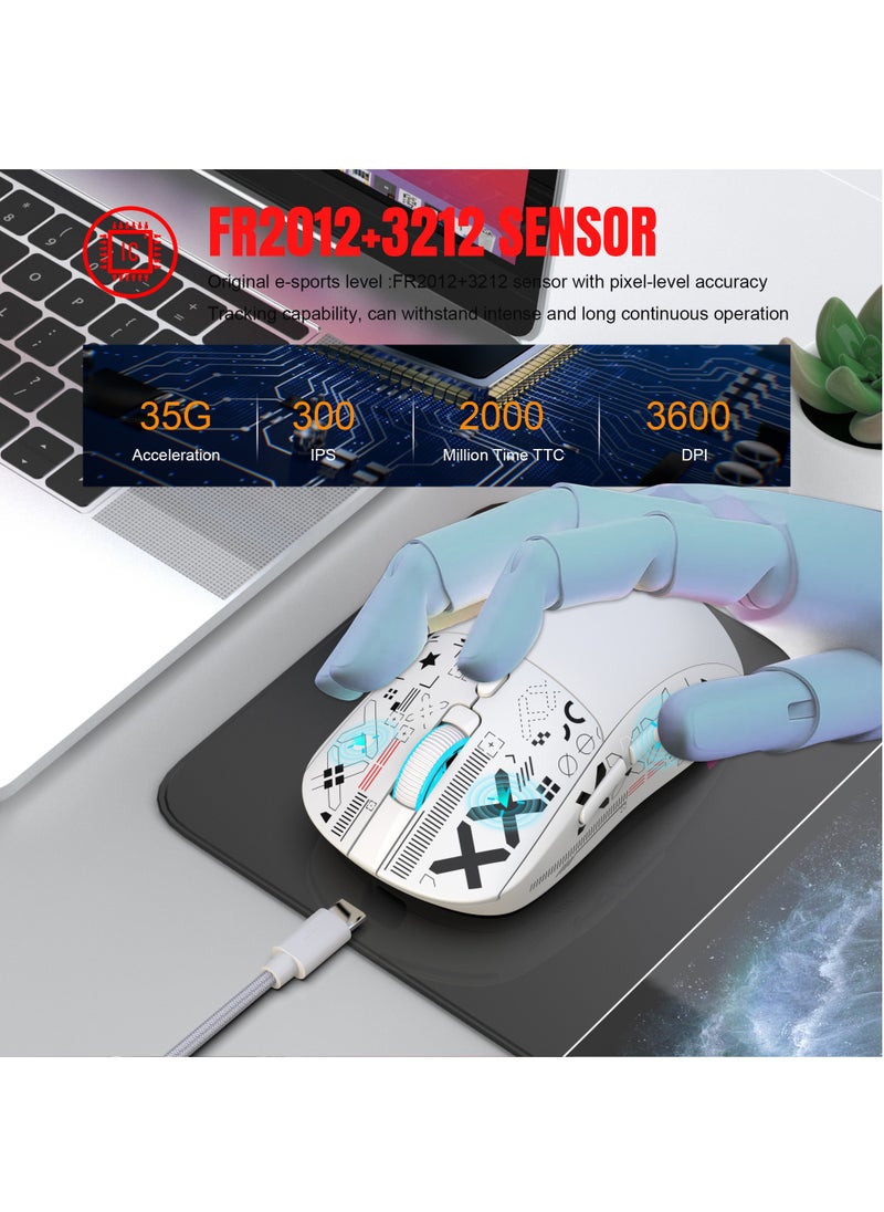Wired+2.4 G Wireless+BT5.3 Gaming Mouse, 1200/1600/2400/3600 DPI Adjustable Silent Mouse, 6 Keys and RGB Light Software Macro Programming for Gaming Work White