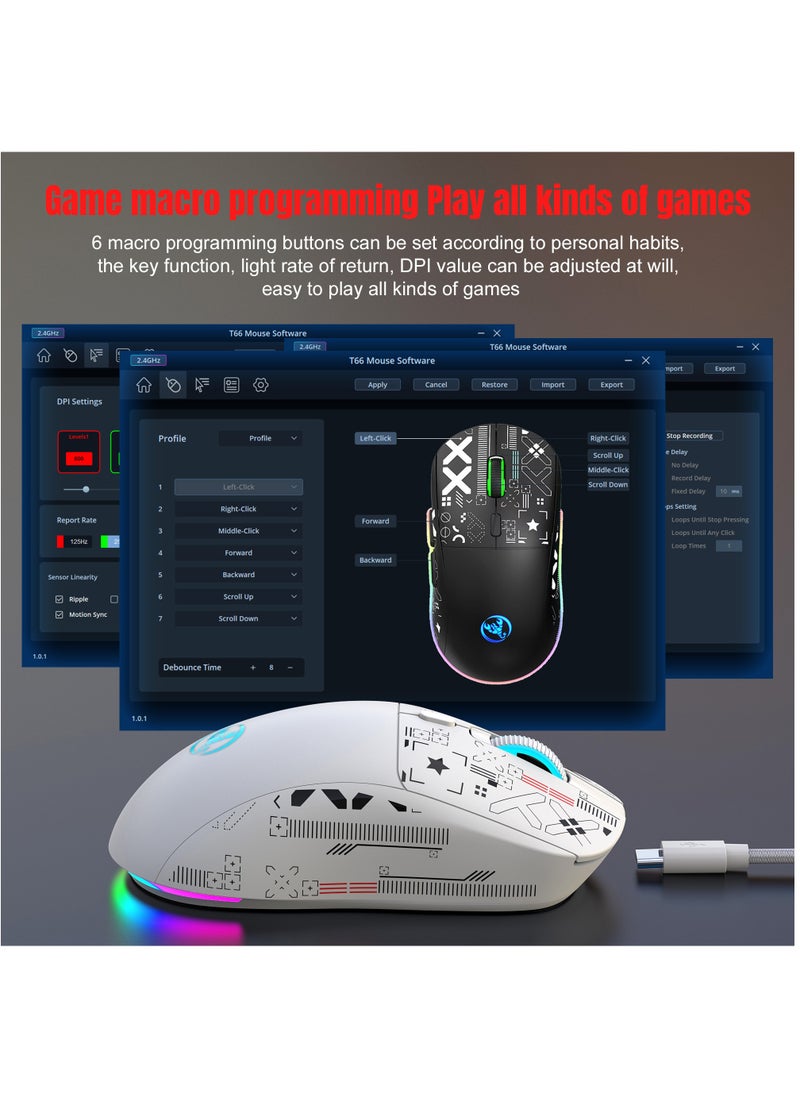 Wired+2.4 G Wireless+BT5.3 Gaming Mouse, 1200/1600/2400/3600 DPI Adjustable Silent Mouse, 6 Keys and RGB Light Software Macro Programming for Gaming Work White