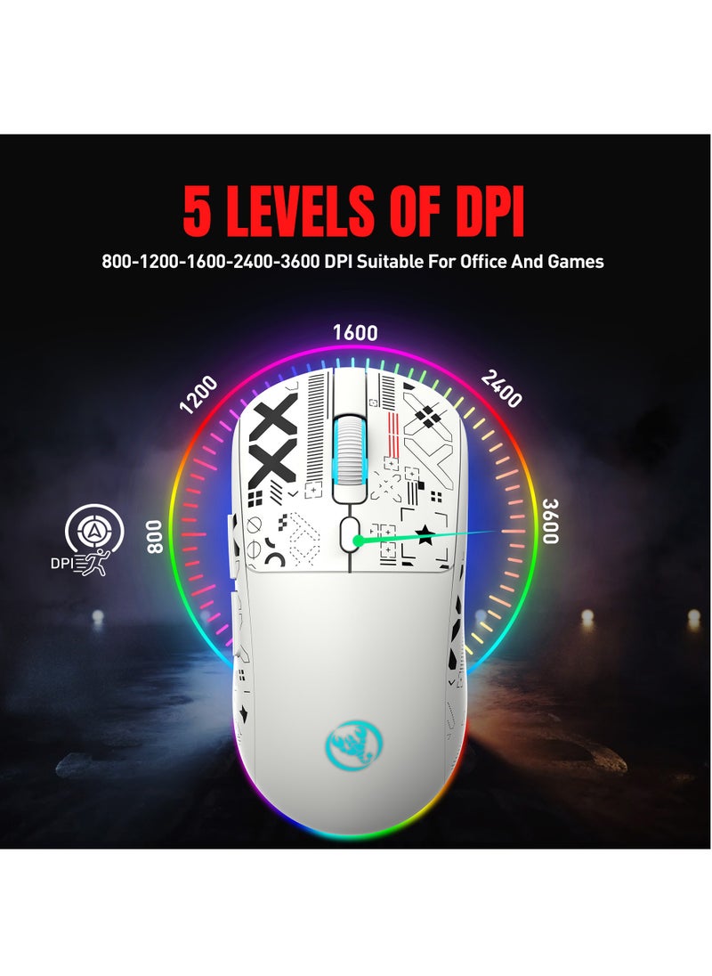 Wired+2.4 G Wireless+BT5.3 Gaming Mouse, 1200/1600/2400/3600 DPI Adjustable Silent Mouse, 6 Keys and RGB Light Software Macro Programming for Gaming Work White