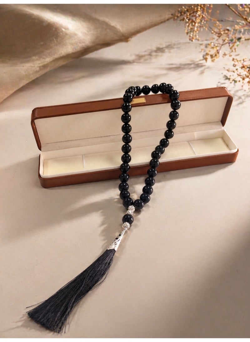 Slema Glossy Black Crystal Islamic Tasbih 33 Tashiha Prayer Beads 12mm, Muslim Misbaha Rosary with Black Tassel for Daily Dhikr & Religious Eid Gift - Image 4