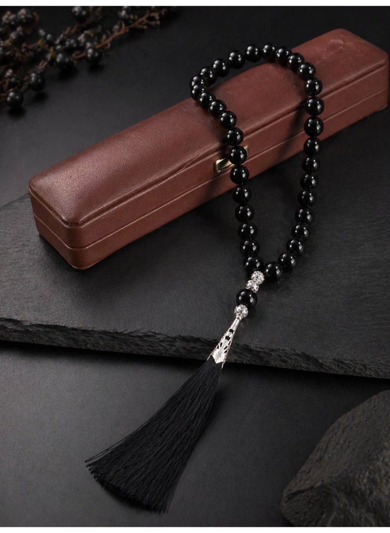 Slema Glossy Black Crystal Islamic Tasbih 33 Tashiha Prayer Beads 12mm, Muslim Misbaha Rosary with Black Tassel for Daily Dhikr & Religious Eid Gift - Image 3
