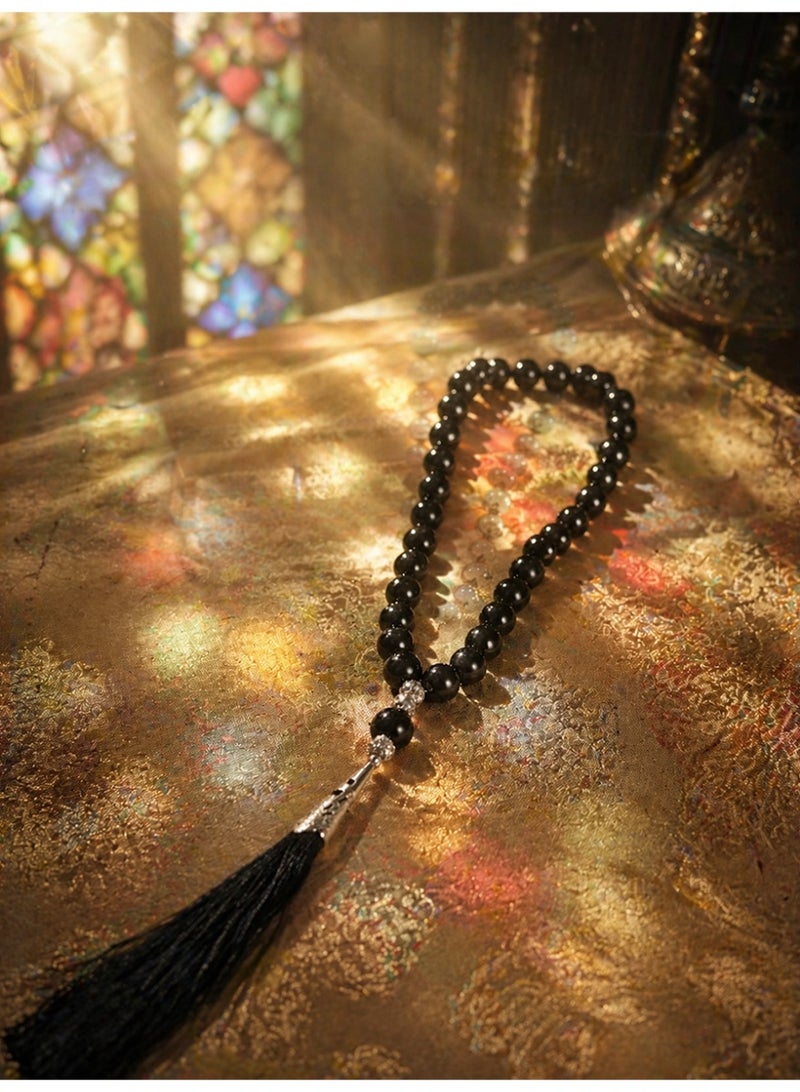 Slema Glossy Black Crystal Islamic Tasbih 33 Tashiha Prayer Beads 12mm, Muslim Misbaha Rosary with Black Tassel for Daily Dhikr & Religious Eid Gift - Image 5