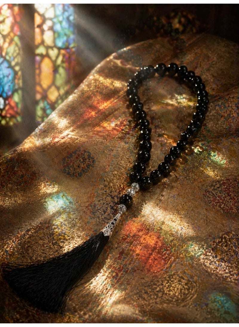 Slema Glossy Black Crystal Islamic Tasbih 33 Tashiha Prayer Beads 12mm, Muslim Misbaha Rosary with Black Tassel for Daily Dhikr & Religious Eid Gift - Image 2