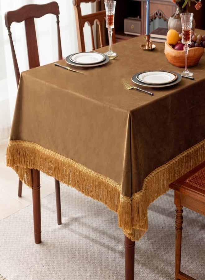F-CHU Luxury Camel Tablecloth Thickset Velvet Tablecloth with Beautiful Gold Tassels Vintage Table Cloth for Home Decor Wedding, Party, Banquet and Events 60x86-Inch - Image 5