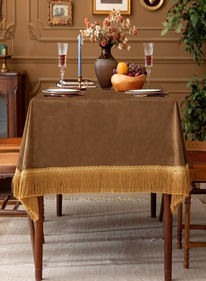 F-CHU Luxury Camel Tablecloth Thickset Velvet Tablecloth with Beautiful Gold Tassels Vintage Table Cloth for Home Decor Wedding, Party, Banquet and Events 60x86-Inch - Image 3