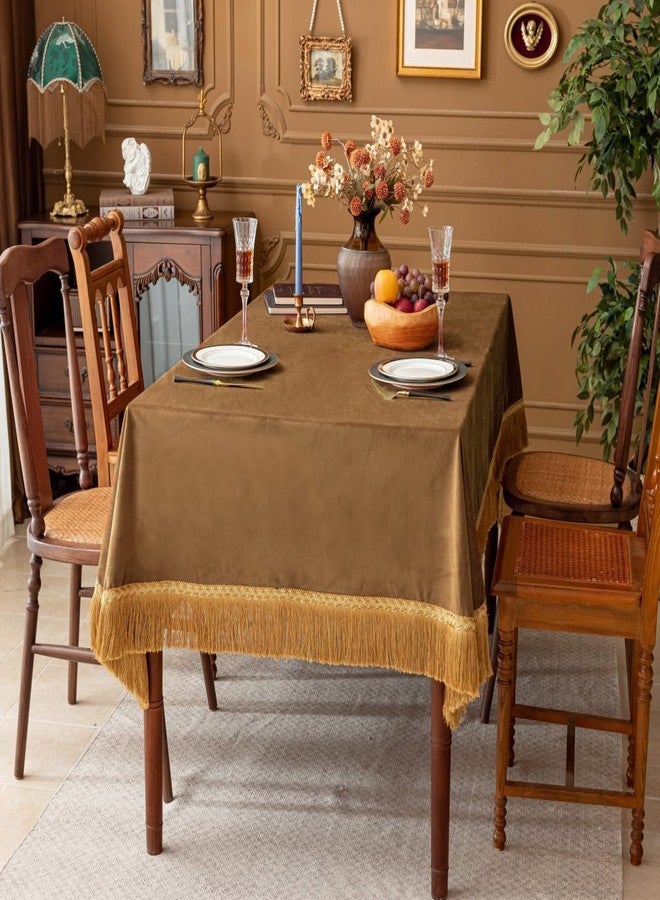 F-CHU Luxury Camel Tablecloth Thickset Velvet Tablecloth with Beautiful Gold Tassels Vintage Table Cloth for Home Decor Wedding, Party, Banquet and Events 60x86-Inch - Image 2