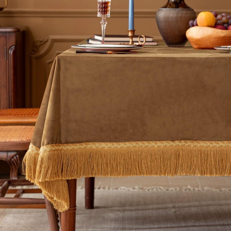 F-CHU Luxury Camel Tablecloth Thickset Velvet Tablecloth with Beautiful Gold Tassels Vintage Table Cloth for Home Decor Wedding, Party, Banquet and Events 60x86-Inch - Image 1