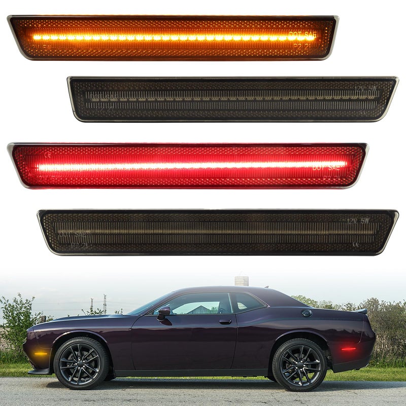 أضواء جانبية LED FetonAuto 4 قطع لسيارة دودج تشالنجر 2015 2016 2017 2018 2019 2020 2021 2022 2023 عدسة مدخنة حمراء برتقالية لمصباح علامة الصدام الأمامي والخلفي