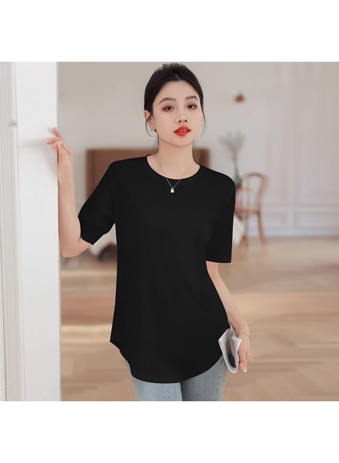 Don't speak Casual Loose Fit Short Sleeve T-shirt For Women With Arc Hem And Covering Design In Ice Silk Fabric, White, XL - Image 3