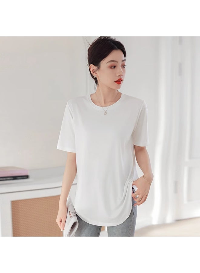 Don't speak Casual Loose Fit Short Sleeve T-shirt For Women With Arc Hem And Covering Design In Ice Silk Fabric, White, XL - Image 1