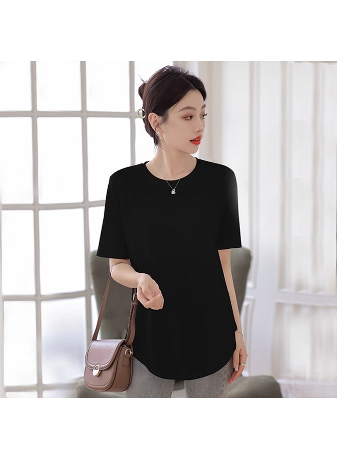 Don't speak Casual Loose Fit Short Sleeve T-shirt For Women With Arc Hem And Covering Design In Ice Silk Fabric, White, XL - Image 2