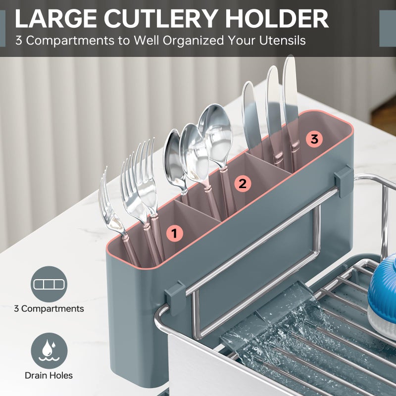 Urackify Stainless Steel Dish Drying Rack - Large Capcity 304 Grade Dish Drainer for Kitchen Counter with Drain Board, Utensil Holder & Detachable Cup Shelf, Rustproof Multifunctional Organizer, Green - Image 5