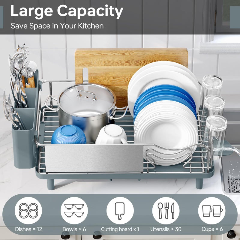 Urackify Stainless Steel Dish Drying Rack - Large Capcity 304 Grade Dish Drainer for Kitchen Counter with Drain Board, Utensil Holder & Detachable Cup Shelf, Rustproof Multifunctional Organizer, Green - Image 3