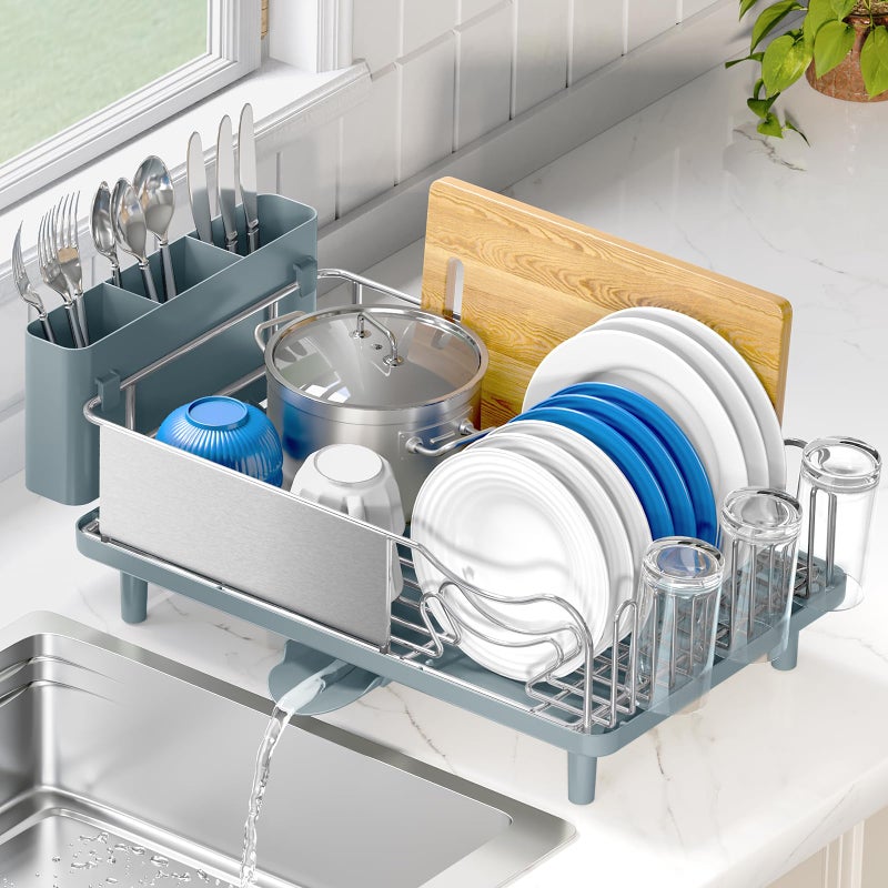 Urackify Stainless Steel Dish Drying Rack - Large Capcity 304 Grade Dish Drainer for Kitchen Counter with Drain Board, Utensil Holder & Detachable Cup Shelf, Rustproof Multifunctional Organizer, Green - Image 1