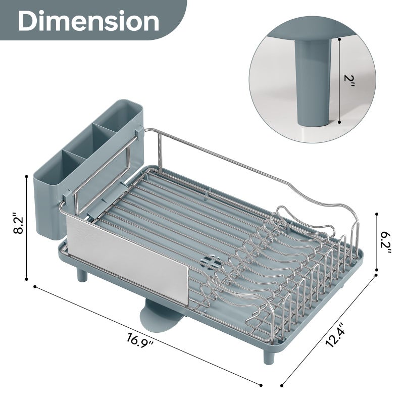 Urackify Stainless Steel Dish Drying Rack - Large Capcity 304 Grade Dish Drainer for Kitchen Counter with Drain Board, Utensil Holder & Detachable Cup Shelf, Rustproof Multifunctional Organizer, Green - Image 2
